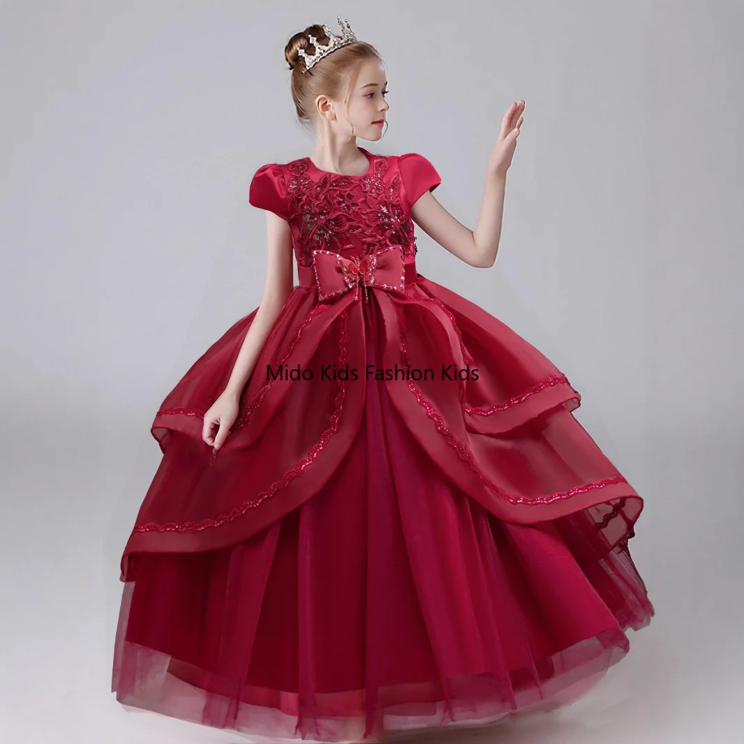 Girls' Christmas Evening Gown Flower Girl Embroidered Performance Dress Princess  Hostess Outfit Children's Formal Wear