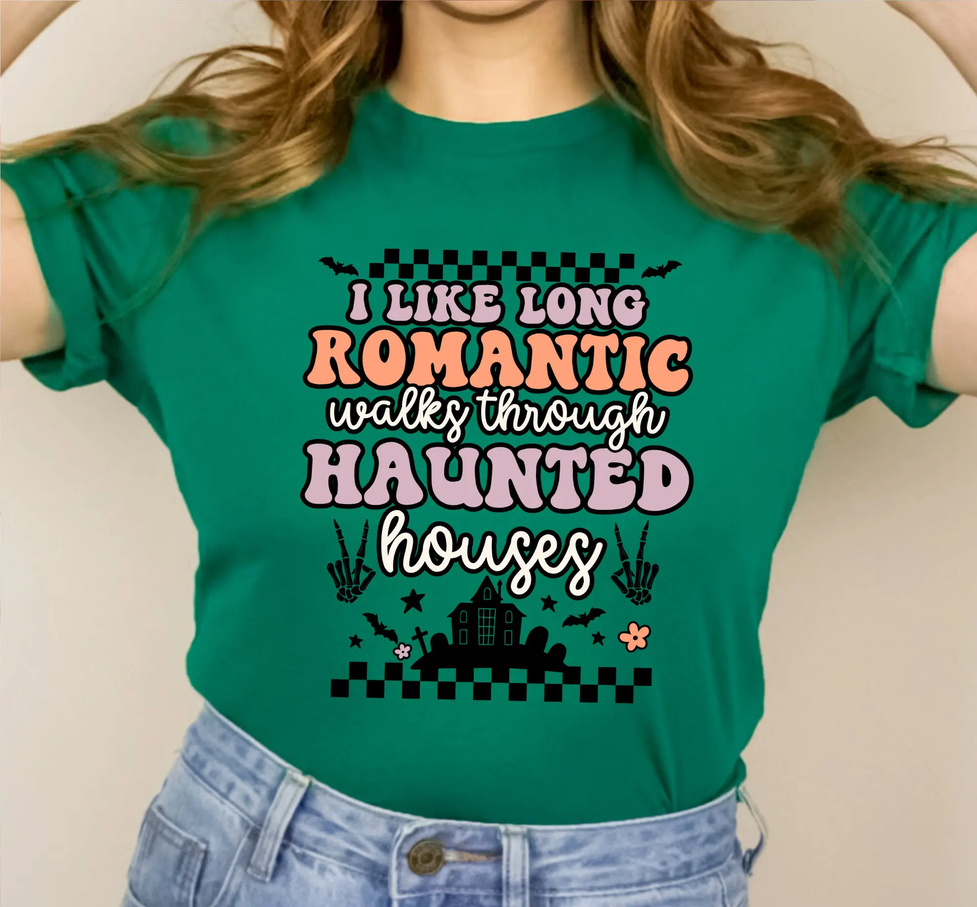 I Like Long Romantic Walks Through Haunted Houses Funny T Shirt Womens Halloween Retro Letters Skeleton Hand Peace Sign