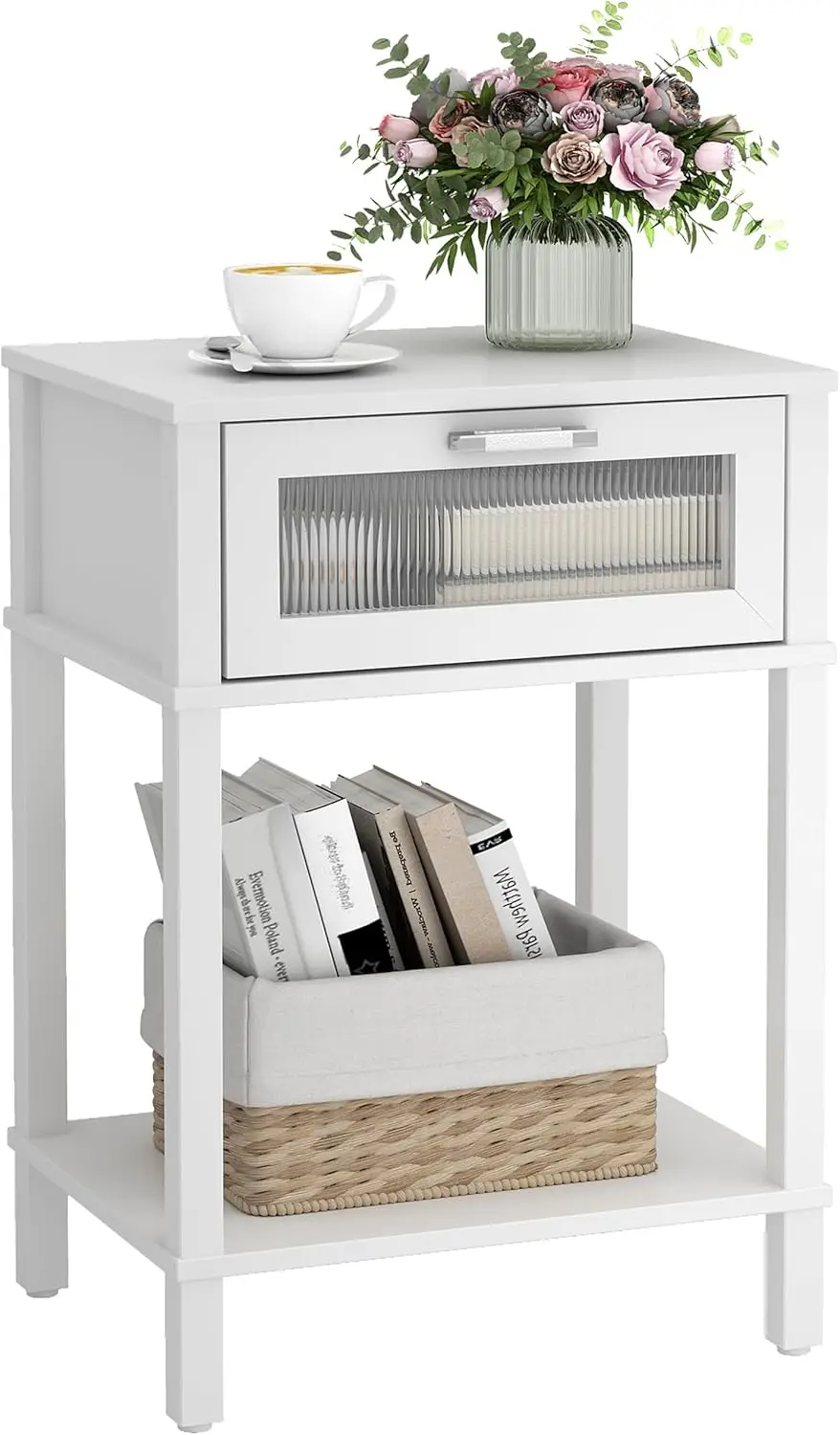 

Wooden Nightstand with Drawer and Shelf, Modern White Bedside Table for Bedroom or Living Room
