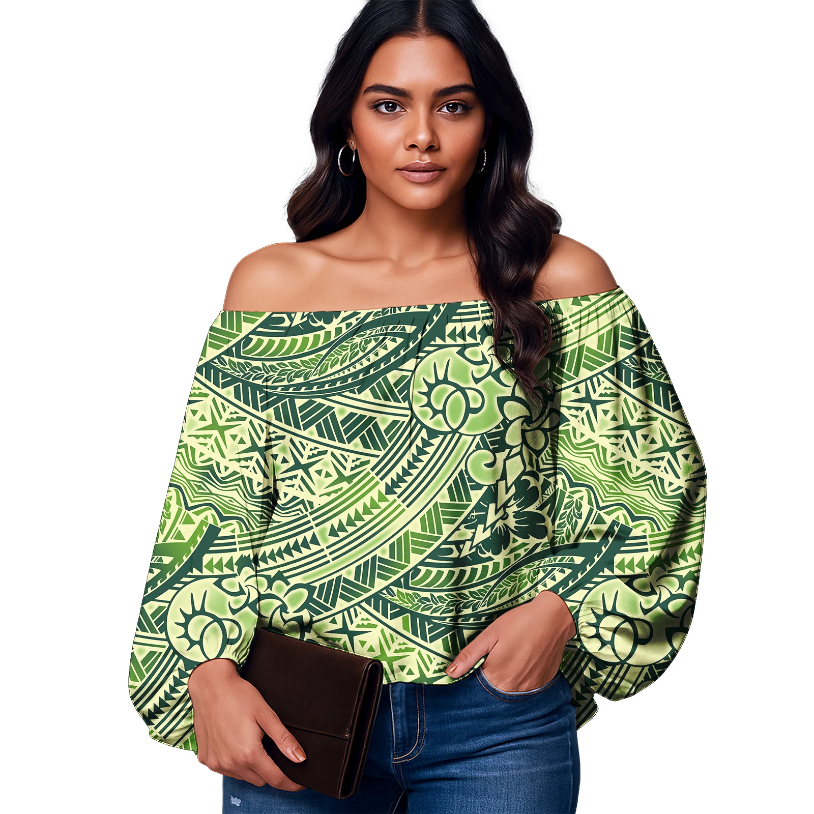 เสื้อผ้าผู้หญิงลายดอกไม้ฮาวายคุณภาพสูง ออกแบบลำลองสไตล์ซามัว แขนพองแบบโพลินีเซียน เสื้อผู้หญิง