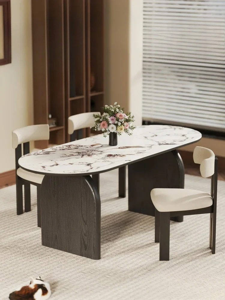 

Stone Plate Dining Table Household Solid Wood Modern Simple and Light Luxury Chair Small Apartment Retro Rectangular