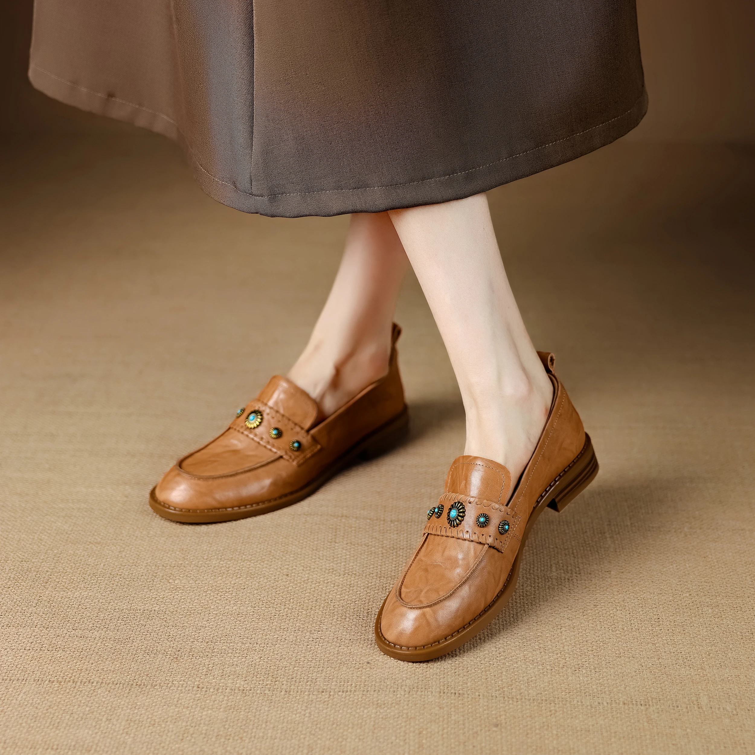 

Genuine Leather Soft Sole Loafer Shoes Women’s Slip-On Vintage Studded Flats Casual Dress Style