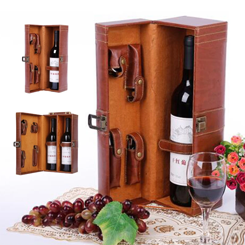 

Imitation Wood Grain Red Wine Box PU Leather Wine Box with Handle and Utensils Vintage Style Wine Bottle Holder for Celebration