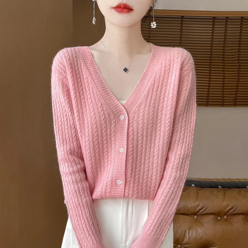 V-Neck Knitted Cardigans for Women, Long-Sleeved Sweater, Monochrome Pullovers, Single-Breasted, Fashionable Korean Style-ZD3007