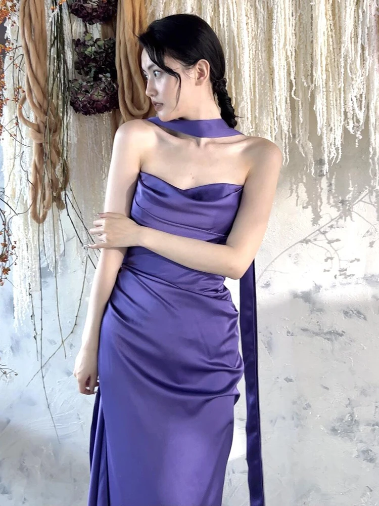 ชุดราตรีผ้าซาตินสีม่วง ชุดพิธีกรงานเลี้ยง ชุดเจ้าบ่าว ชุดเจ้าสาวสไตล์เกาหลี ซิปด้านหลัง กระโปรงยาว ชุดงานแต่งงาน