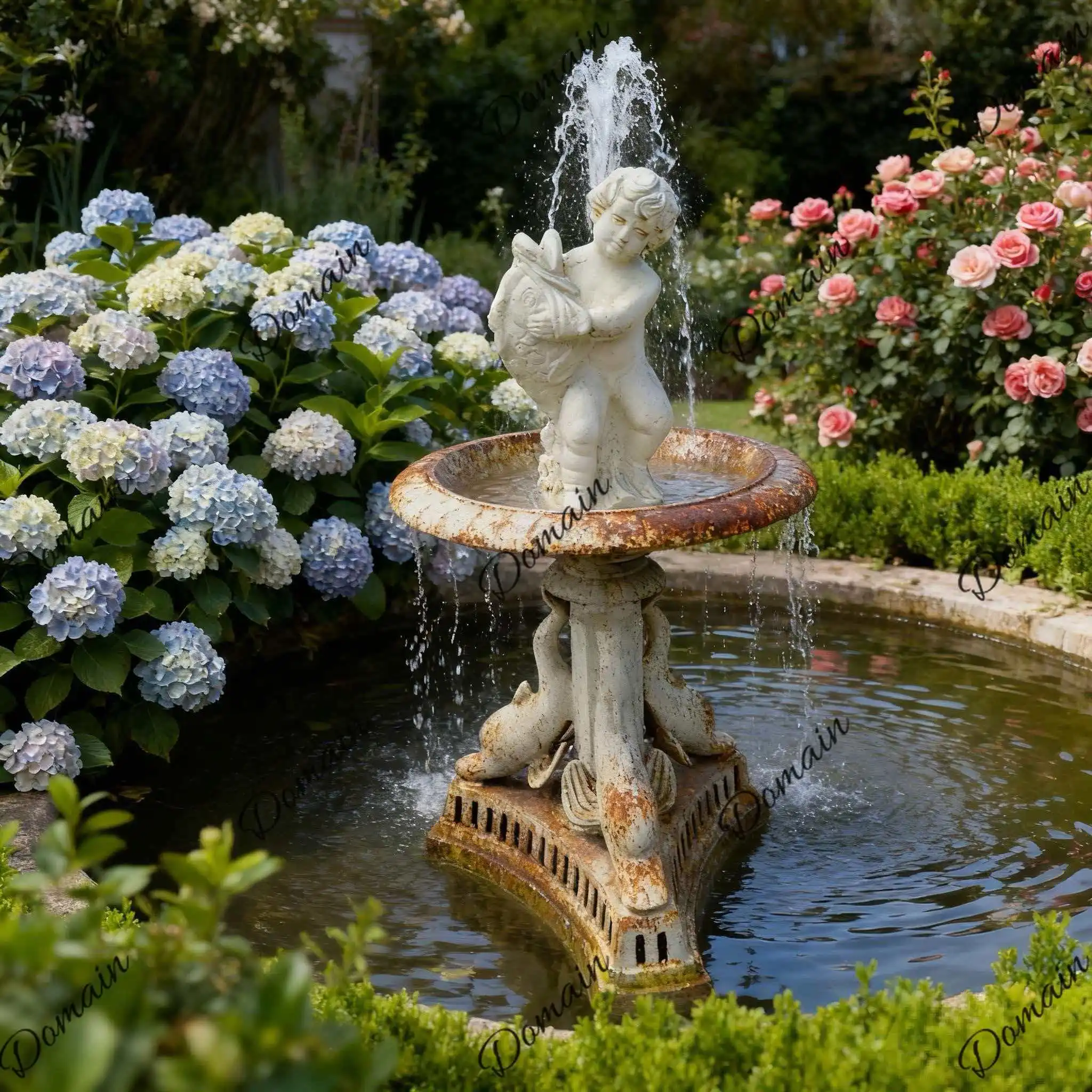BAIYA Cast Iron Fountain Angel Holding Fish Single Layer Water Feature Garden Photography Wishing Pool