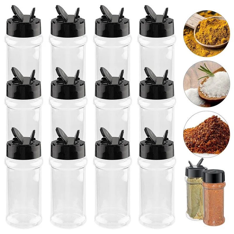 Plastic Spice Bottles Set Empty Seasoning Containers with Black Cap Clear Reusable Containers Jars for Spice, Herbs, Powders