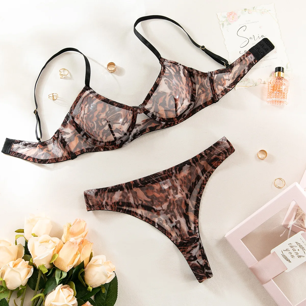 Seamless Leopard Printed Underwire Bra and Panty Set Women Underwear Lace See Through Push Up Sexy Lingerie Outfit view 6