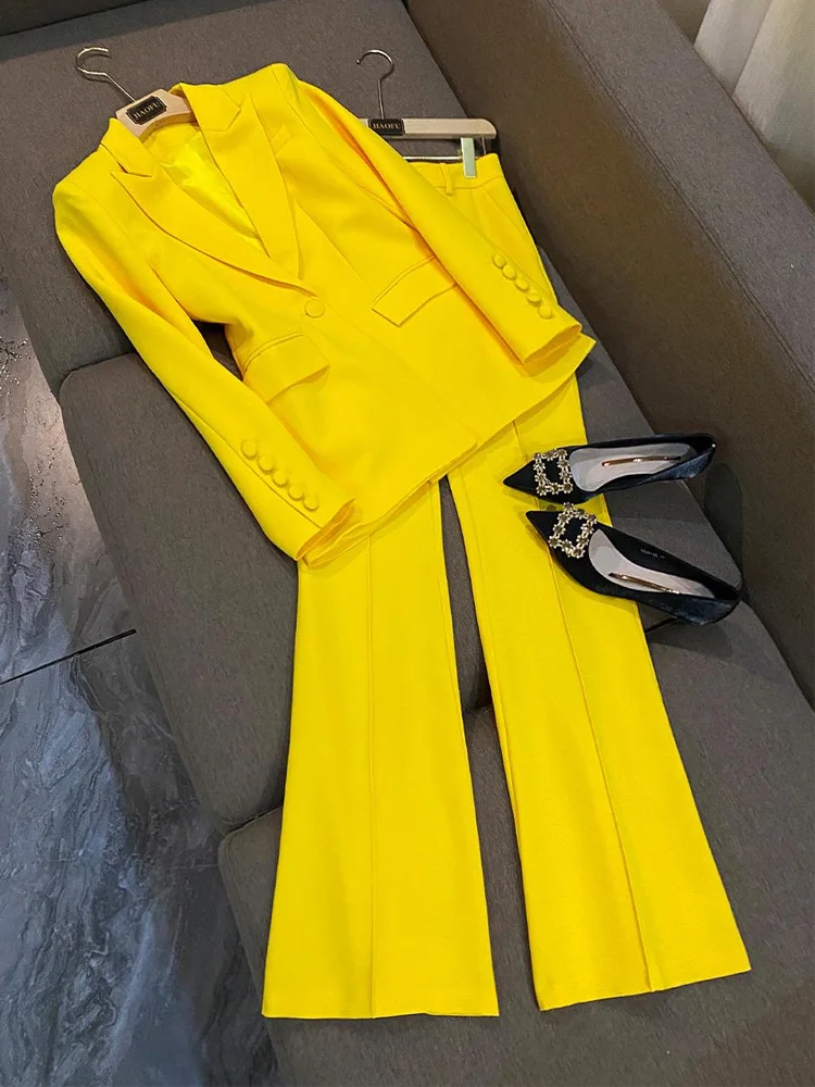 All Season Lemon Yellow Office Lady Suit Double-breasted Long Sleeve Blazer Flared Pants Women Solid Two piece set 2024