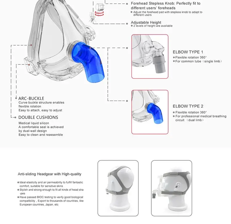 Medical anti snore chin strap breathing Silica gel bipap full face mask total complete mask xl with headgear