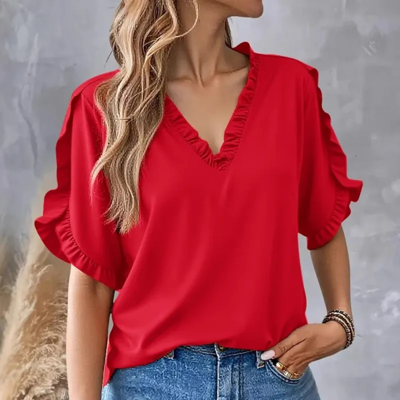 여름 단순 솔리드 컬러 반팔 셔츠 블라우스 여성 프릴 v 넥 캐주얼 루즈 셔츠 탑 우아한 오피스 레이디 블라우스