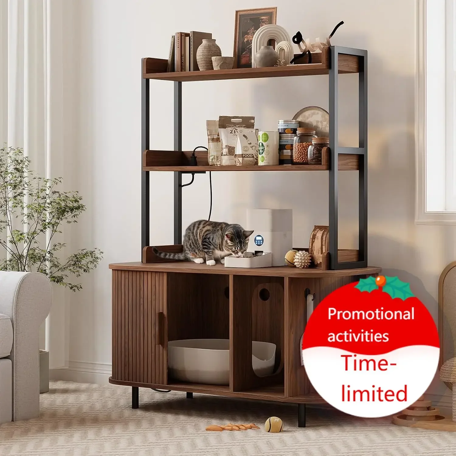 54 Inch Hidden Litter Box Furniture with Shelves and Outlets,Fluted Cat Litter Box Enclosure, Mid-Century Modern Wooden Cat Hous