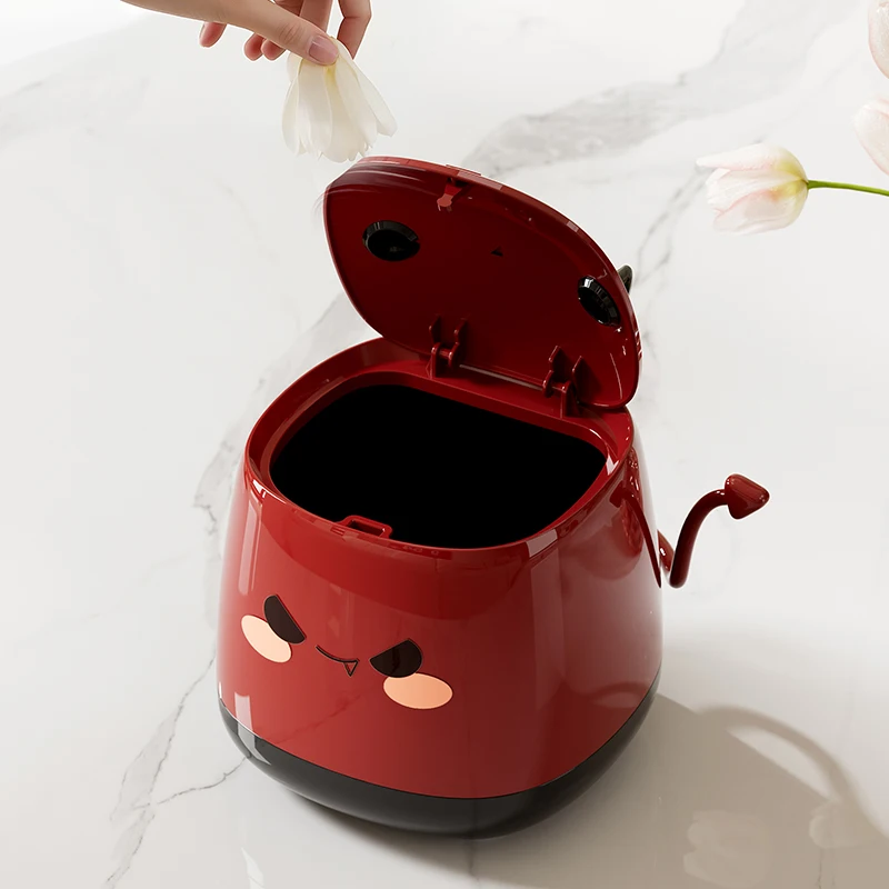 1 Pack, Desktop Small Trash Can Press Open Lid Paper Basket, Cute Little Devil Shape, Office Bedroom Living Room