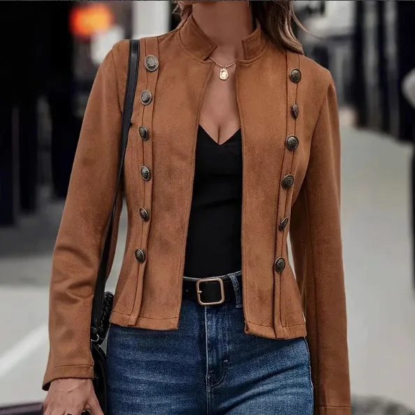 

Women Long Sleeve Double Breasted Jacket Solid Color Vintage Suede Retro Faux Suede Open Front Coat Buttons Casual Outerwear