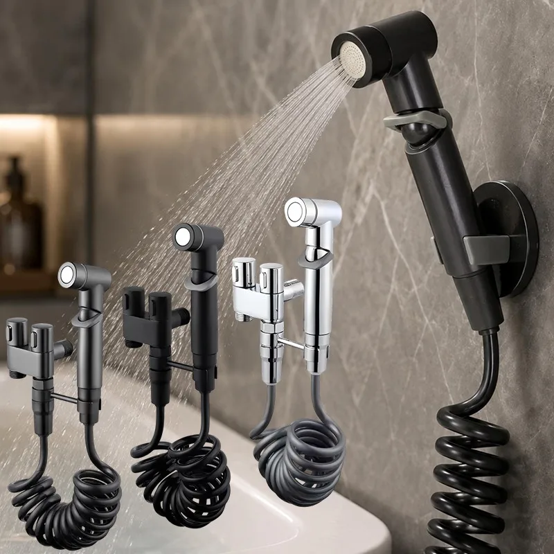 Zinklegierungs-Bidet-Sprühset mit Doppelauslass-Winkelventil, Hochdruck-Handbrause mit 2M Federschlauch, Rostfrei und Leckagesicher