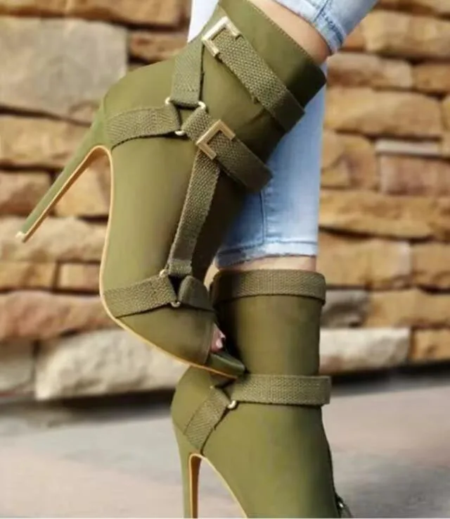 Neon Yellow Green Rubber Buckle Fasten Strap Ankle Boots Woman Stiletto High Heel Peep Toe Stretch Fabric Boots view 3