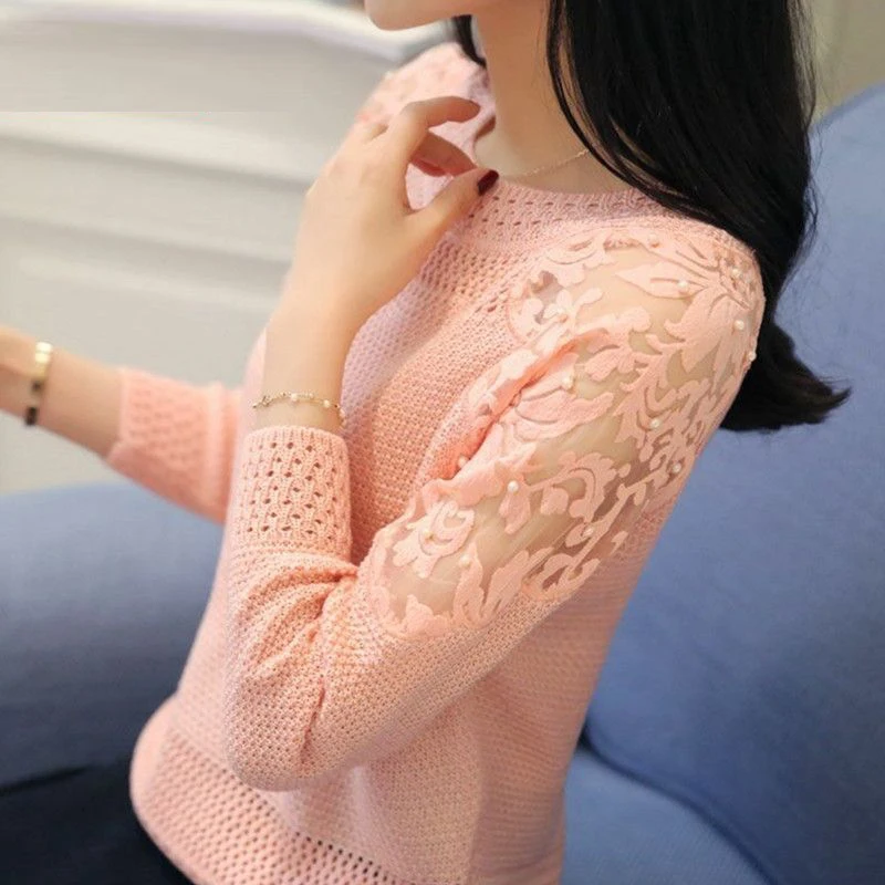 Autumn Winter New Lace Patchwork Hollow Out Beading Jumper Ladies Loose Casual Solid Color Knitting Top Women Bottoming Sweater