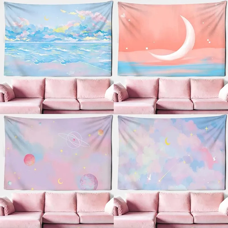 VIKAMA Bohemian Tapestry Pink Cloud Moon Star Sky, Wall Hanging Art for Living Room Bedroom Dorm Home Decor