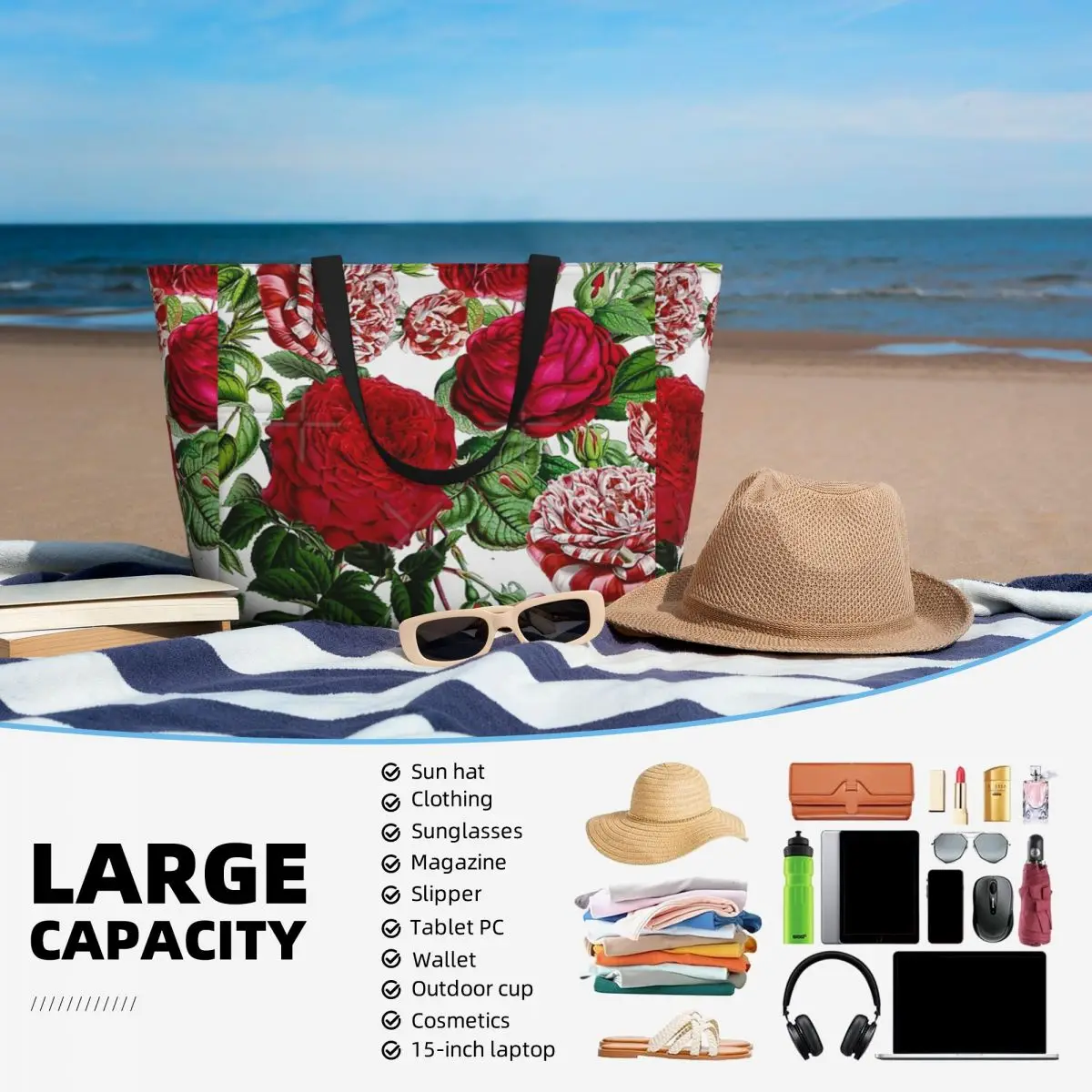 Summer Roses Botanical Garden Beach Travel Bag, Tote Bag Retro pratici regali regalo di compleanno modello Multi-stile