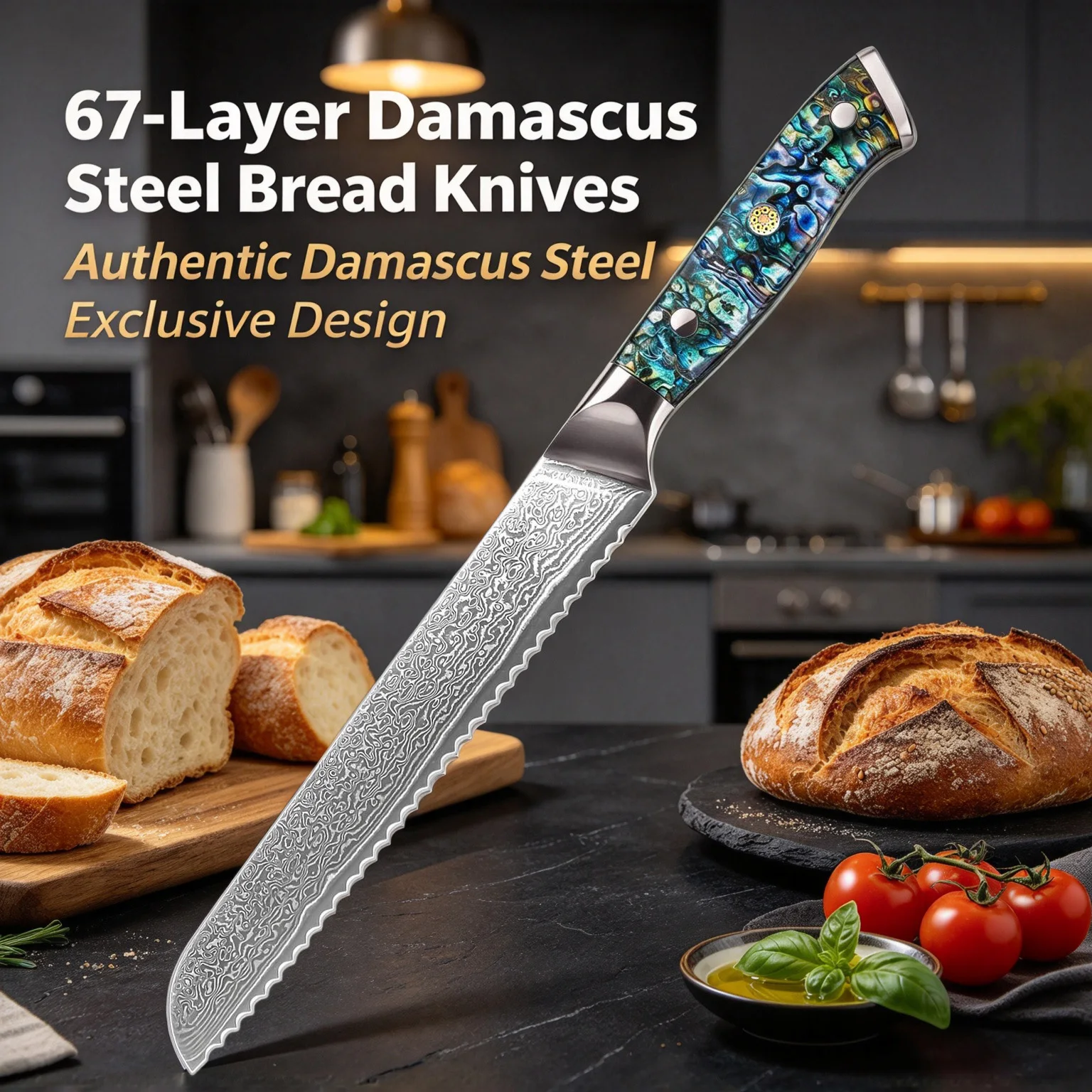 67 Layer Damascus Bread Knife Serrated Bread Slicing Knife Cake Knife Pizza Knife Toast Knife Kitchen Gadgets Baking Tools