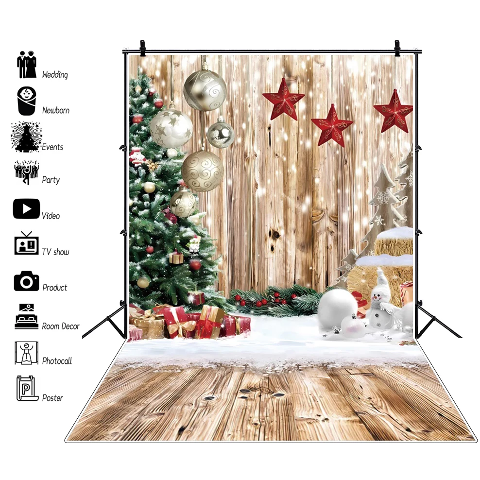 Christmas Wood Floor Backdrop Winter Snow Xmas Tree Gift Christmas Family Party Background New Year Party Decoration Backdrop