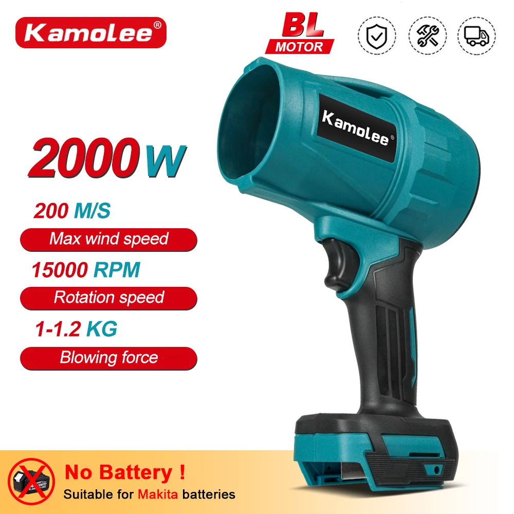 Kamolee Brushless 2000W Electric Turbo Blower Jet Fan 200M/S Violent Car Dryer Handheld Dust Blowing Tool for Makita 18V Battery