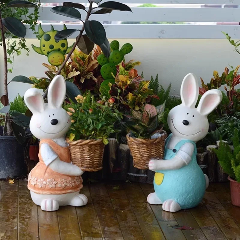 Floor-to-ceiling rabbit flower pot, a family of four cute cartoon decorative animal ornaments, kindergarten layout, outdoor