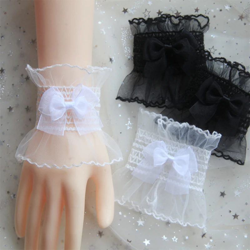 1Pair Women's Bow Wrist Sleeve Fairy Lace Mesh Lolita Cuffs Lace Short Arm Sleeves Wrist Cuffs Bracelets For Weddings Parties