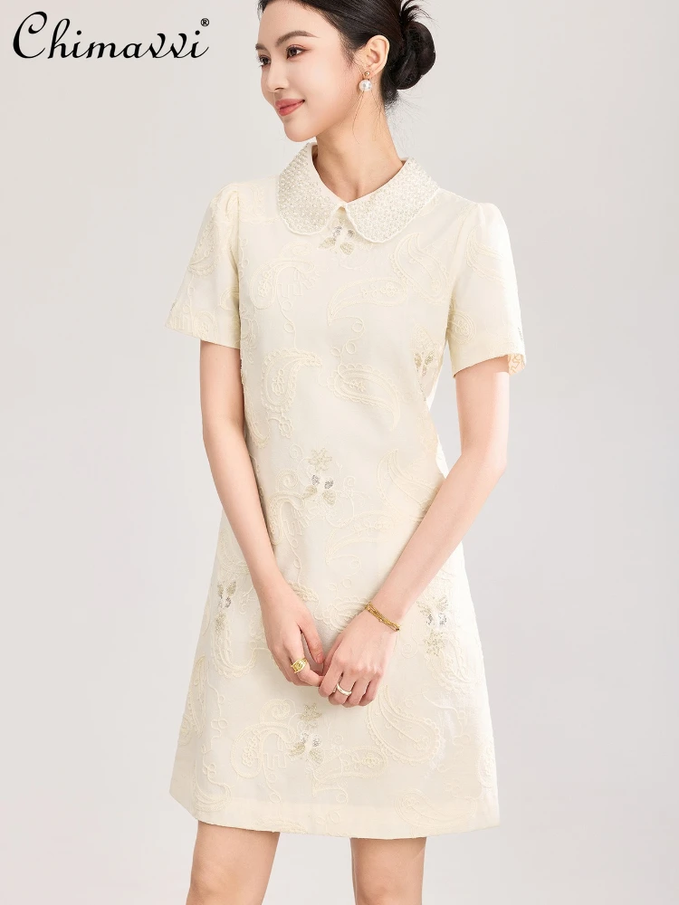

French Elegant Socialite Heavy Industry Beads Embroidery Doll Collar Short Sleeve High Waist A-line Short Dress For Women Summer