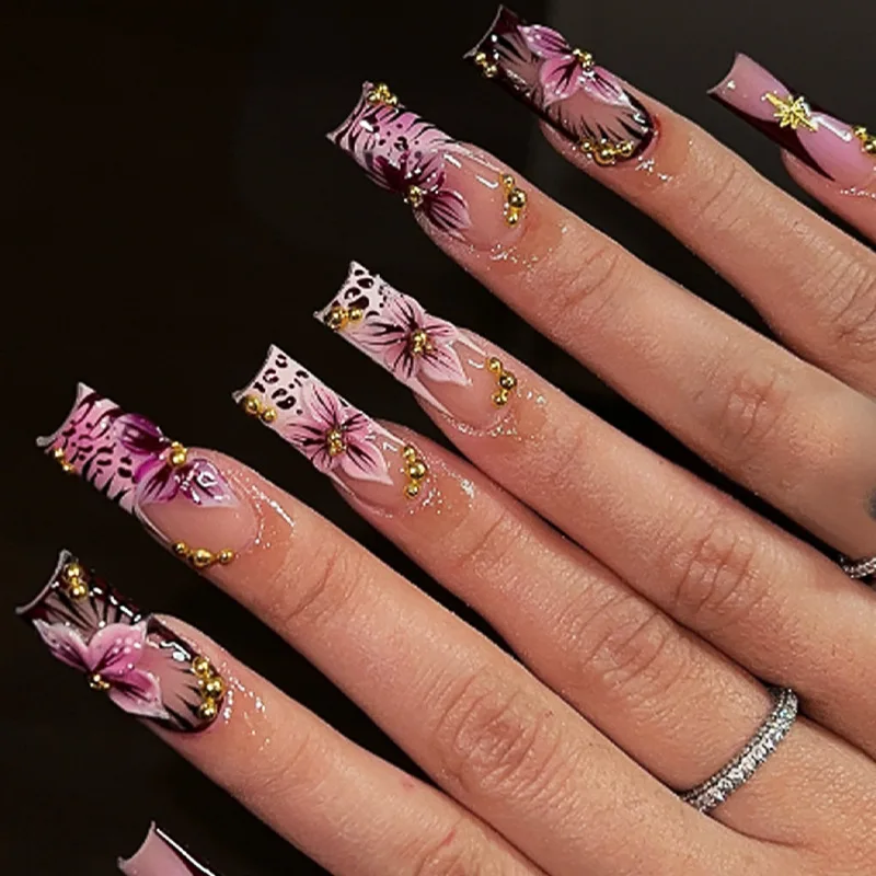 

24Pcs Long Square Head Fake Nails Leopard Print French Wearable Press on False Nails 3D Flower Golden Star Full Cover Nails Tips