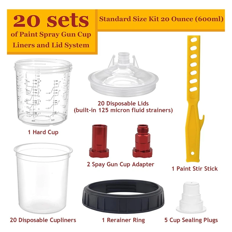Kit de sistema de copo de mistura de tinta descartável AT51-20 copos de tinta com tampas, copos duros com anéis de retenção, 5 plugues, 2 adaptadores de copo
