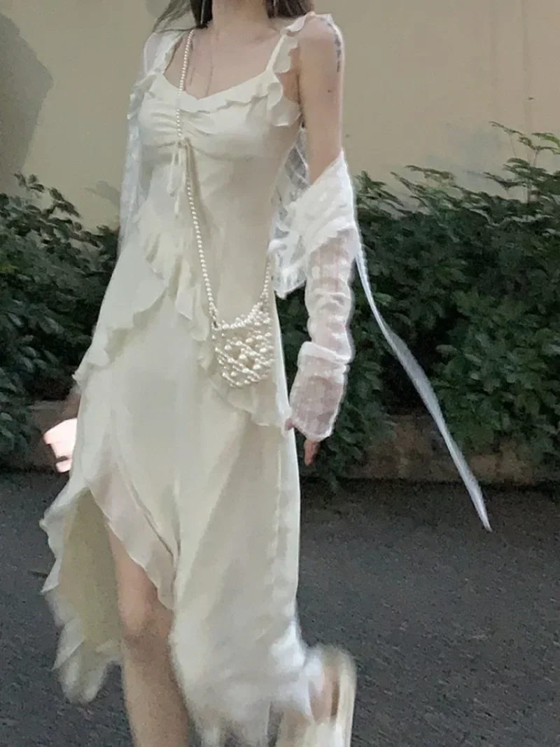 

New Fairy Dress Woman Casual Sleeveless Elegant Solid Strap Midi Dress Party Korea Fashion Ruffles Beach Vestidos Y2k Dress Set
