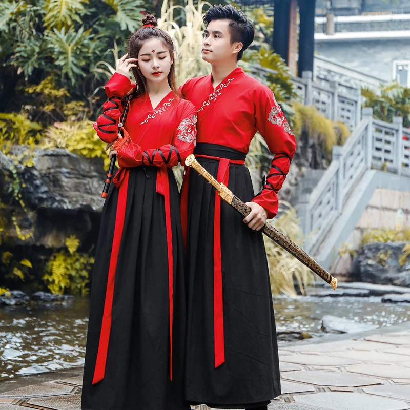 القديمة Hanfu الزي المرأة فستان رقص كلاسيكي أداء المرحلة الجنية الأميرة التنانير طويلة الأكمام الرجال التطريز تانغ زي