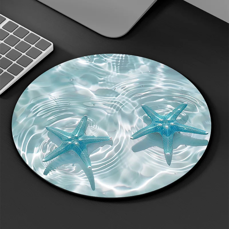 Starfish and Wave Design Round Mouse Pad, Waterproof and Anti-Slip Rubber, Blue Ocean Theme, Durable for Office and Home Use