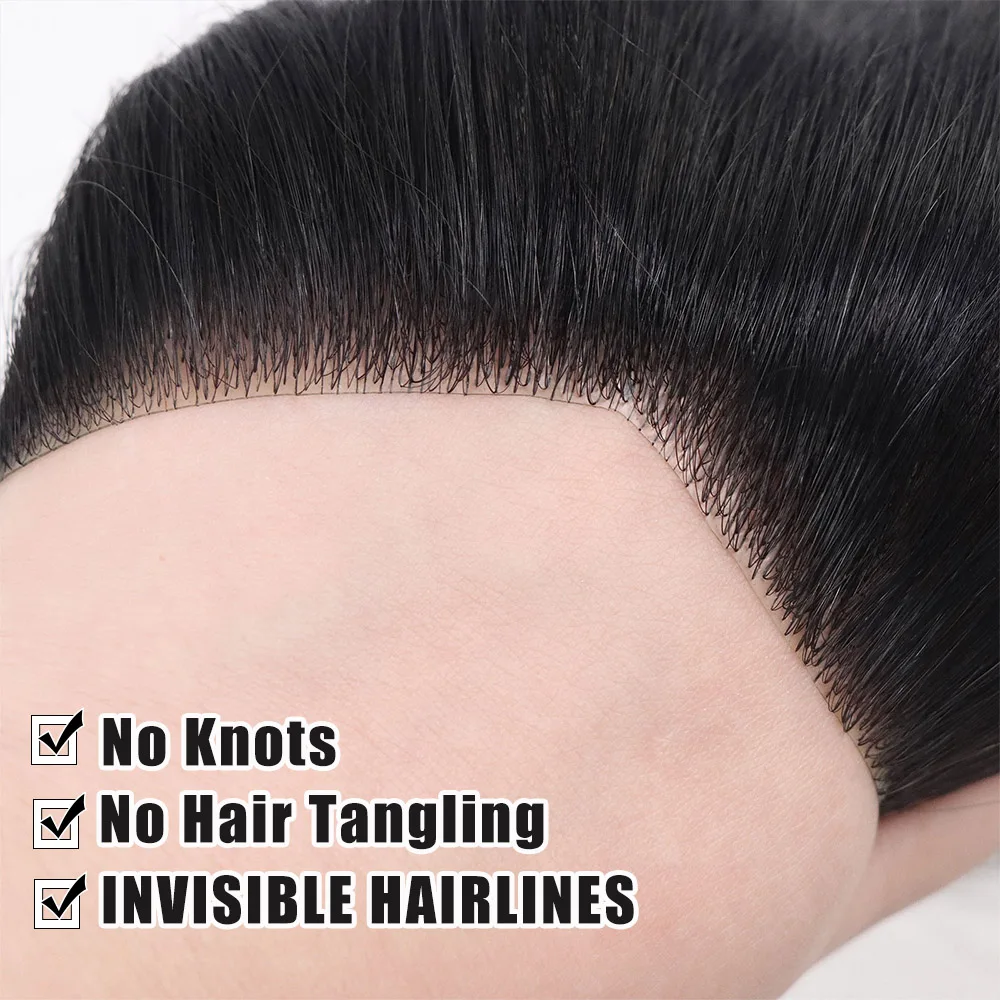 Natural Hairline Human Hair Prosthesis Toupee for Men V Loop PU Straight Frontal Hairline Mens Forehead Hairpiece High Density