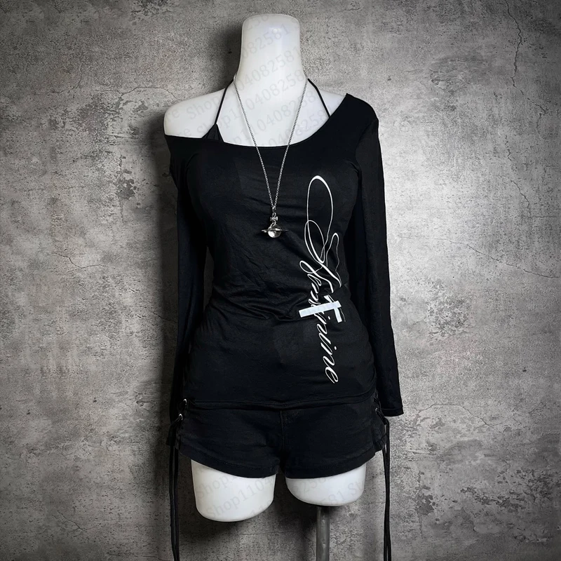 المرأة ريترو لطيف Harajuku Emo الحلو والتوابل سليم صالح المرأة الأبيض تي شيرت غير رسمي الفتيات رسالة مطبوعة كم طويل #1