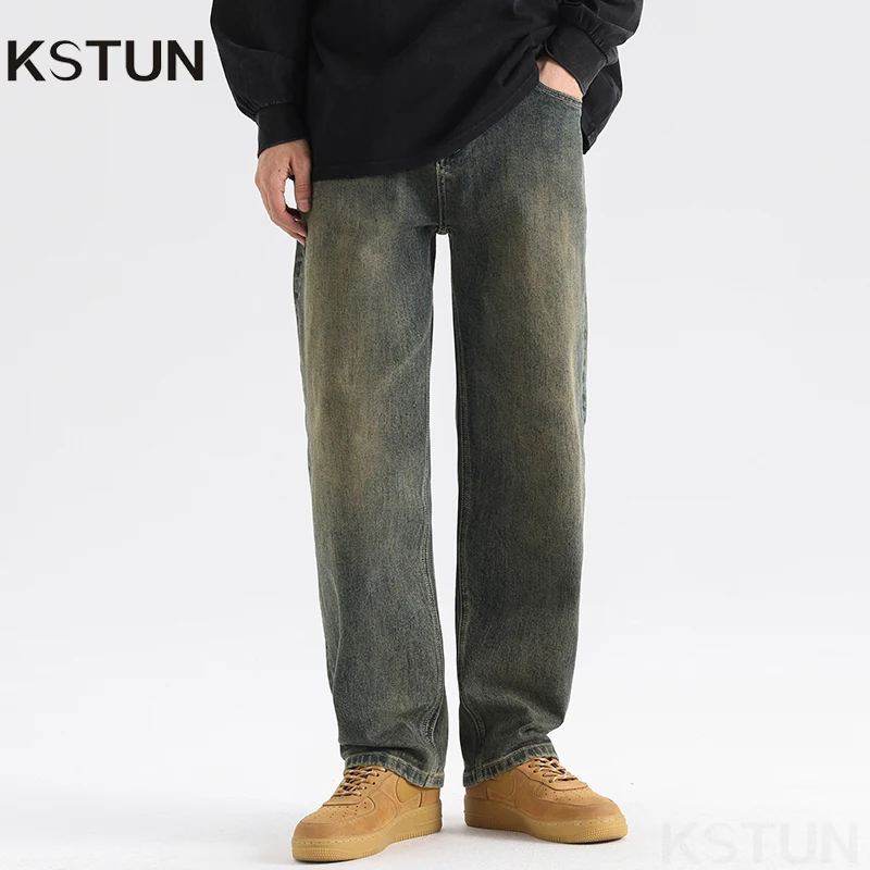 

KSTUN Wide-leg Jeans Men Baggy Pants Loose Straight Vintage Retro Green Streetwear Quality Brand 2025 Autumn New Men's Trousers
