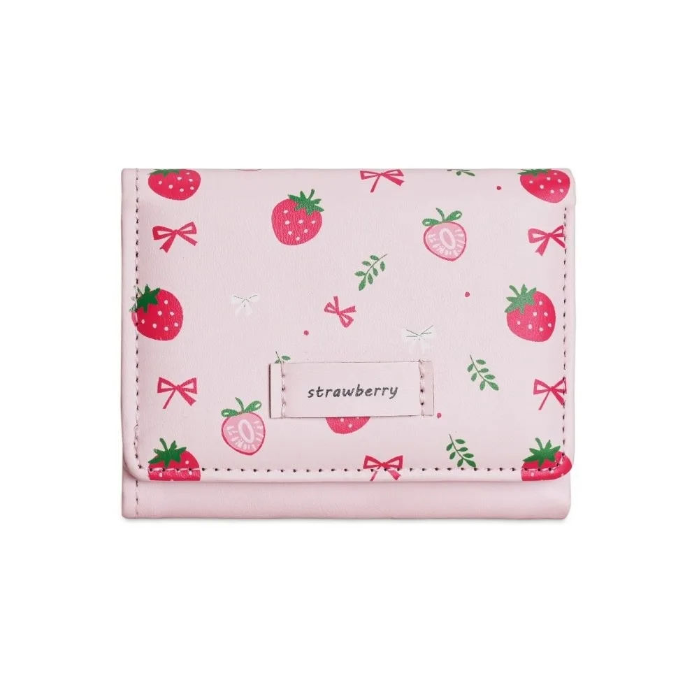 Portafoglio tri-fold alla moda con stampa di fragole Portafoglio in pelle PU con fiocco Porta carte pieghevole multi-slot quotidiano