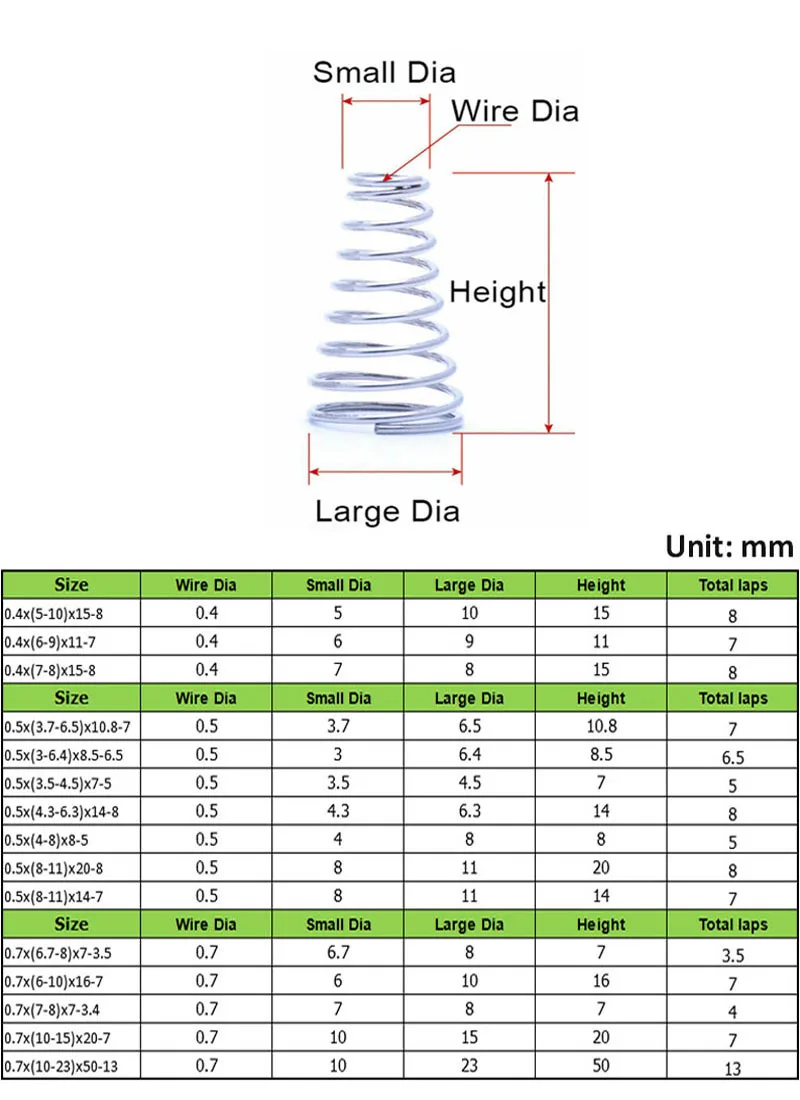  304 Stainless Steel Tower Spring Wire Dia 0.4~2mm Conical Compression Springs