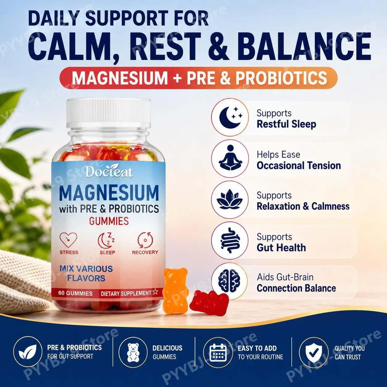 Docteat Magnesium Citrate Gummies for Stress Relief, Muscle Relaxation, Energy Production, Sleep, Digestive Support, 60 Count
