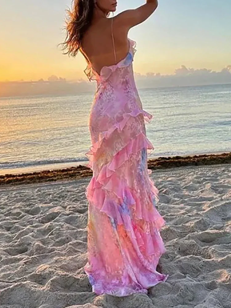 Beach Style Sexy Women Summer Maxi Dress, Ruffles Patchwork Loungewear Party Dress, 2024 Sleeveless V-Neck Printing Ladies Dress