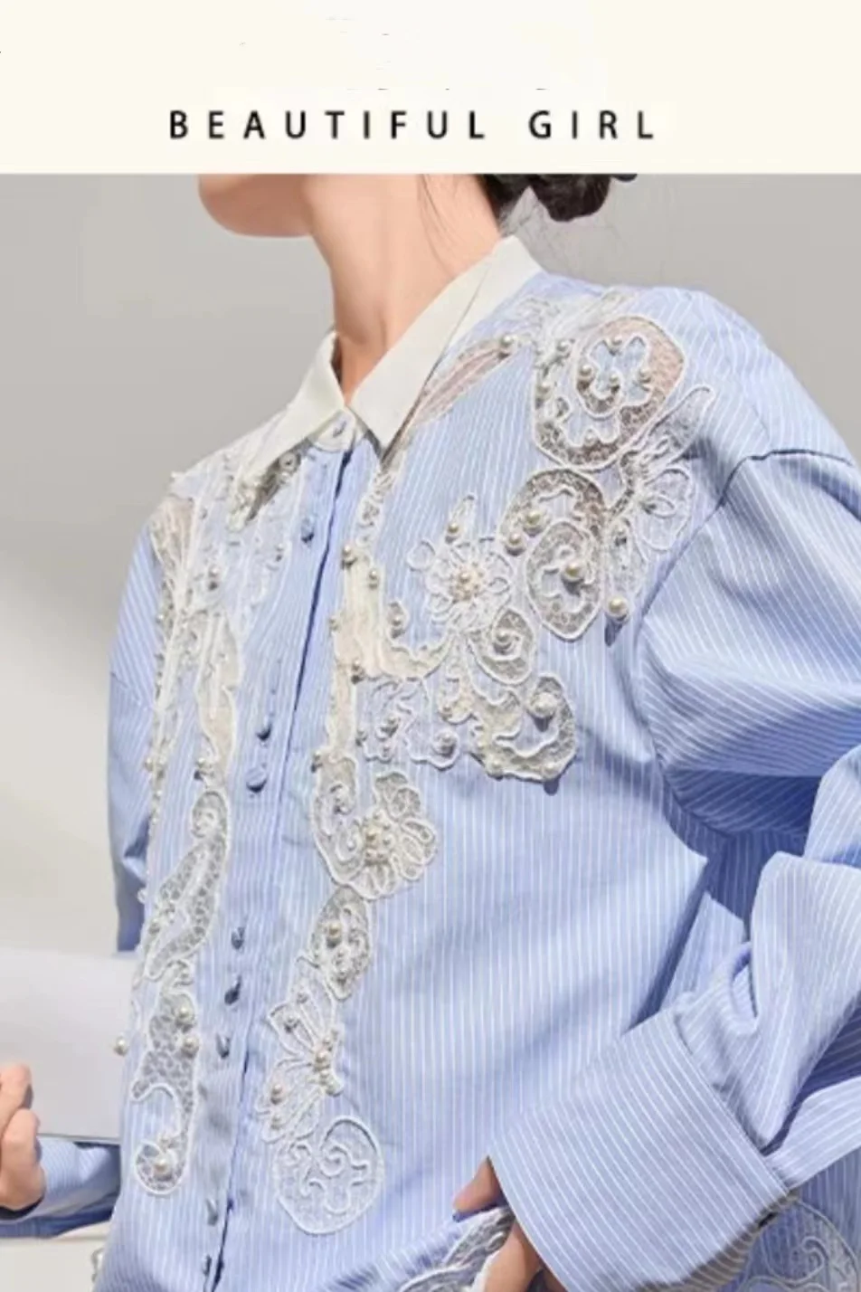 Luxury Pearls Beaded Stitch Lace Hollow Out Embroidery Blouses Shirts Women 2024 Trend Long Sleeve Shirts Tops Camisas De Mujer