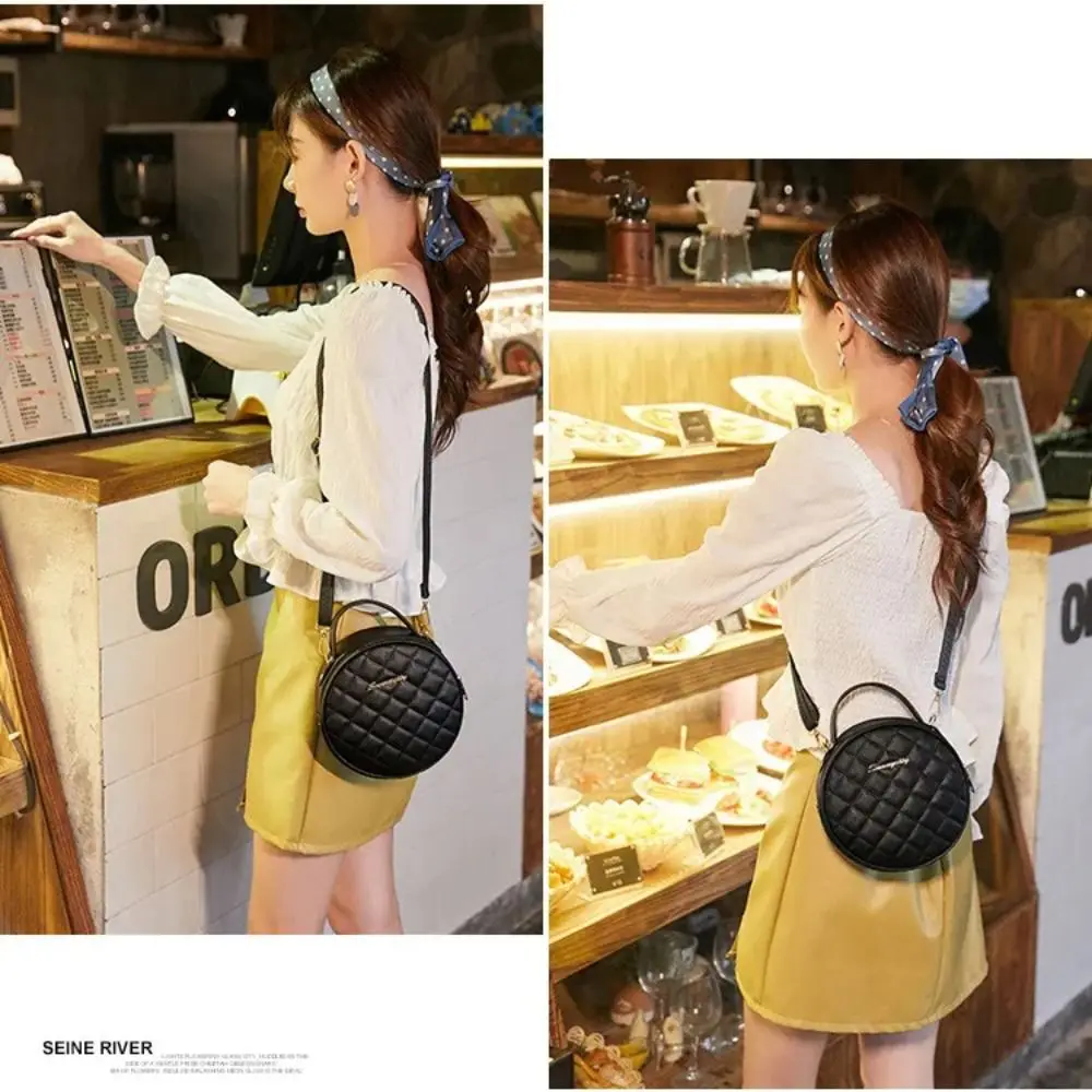 Fashion Lingge Embroidered Small Round Bag Solid Color Zipper Women Shoulder Bag PU Leather Crossbody Bag - view 6