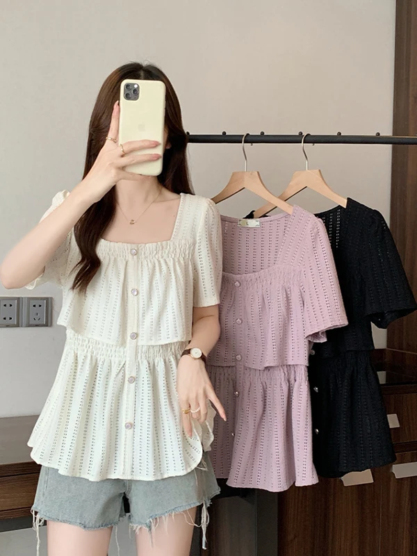 

plus Size Women's Fashion Summer Top Hollow out Square Collar Short Sleeve Gauze Korean Style Loose Fit T-Shirt