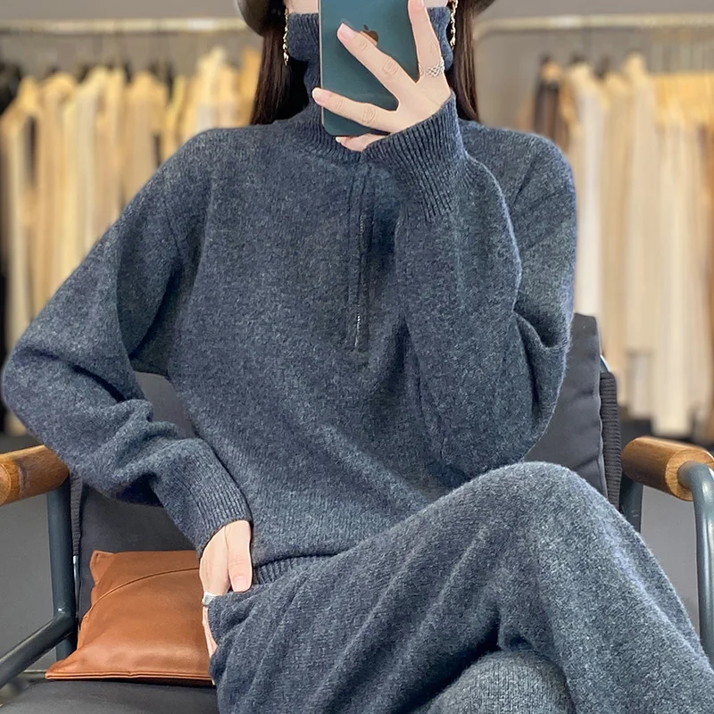 

Women Wool Sweater Set Half-zip Turtleneck Pullover Straight-leg Pants Loose Thick 100% Merino Wool Knitwear Grace Autumn Winter