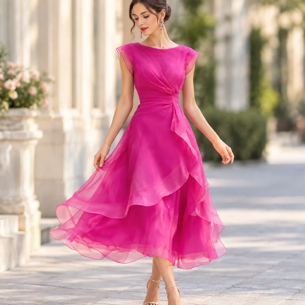Slim Fit Dress Ruffle Mid Length Ladylike with Ruffled Party Dress Mid Rise Waist Round Neck Zipper Closure Summer for Women