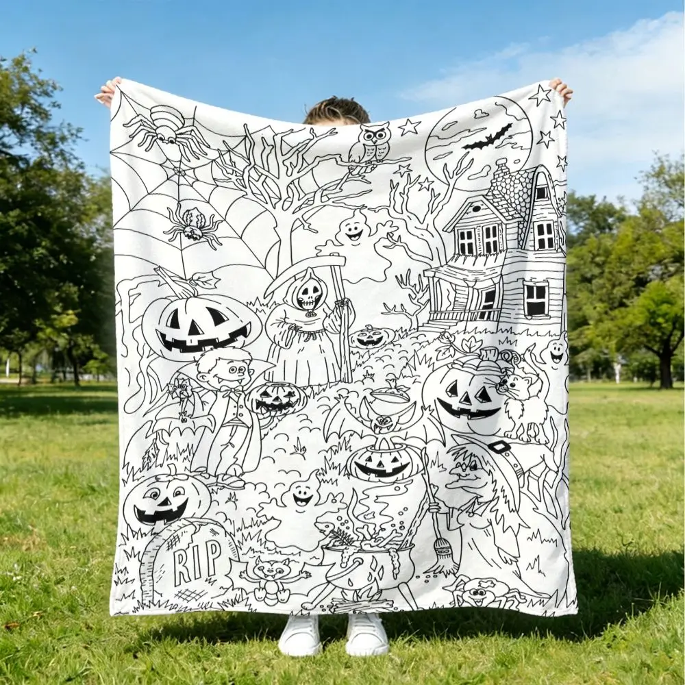 1pc Halloween Sketch‑Print Throw Blanket, Sofa Decor, Skin‑Friendly DIY Coloring Gift for Adults