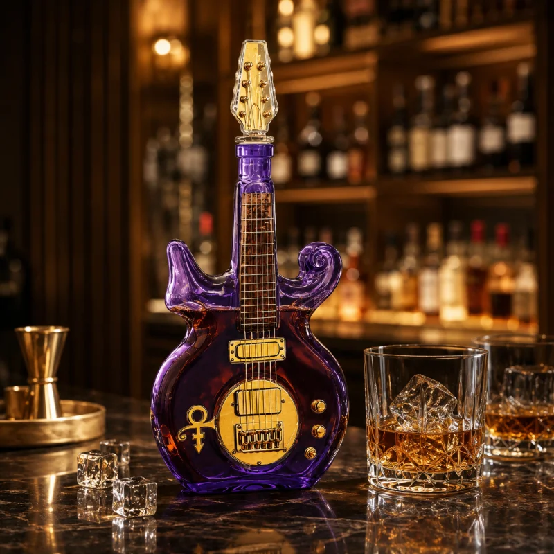 Guitar‑Shaped Glass Liquor Decanter Prince Purple Design For Tennessee Whiskey Wine Bottle Home Bar Display Collectible Gift