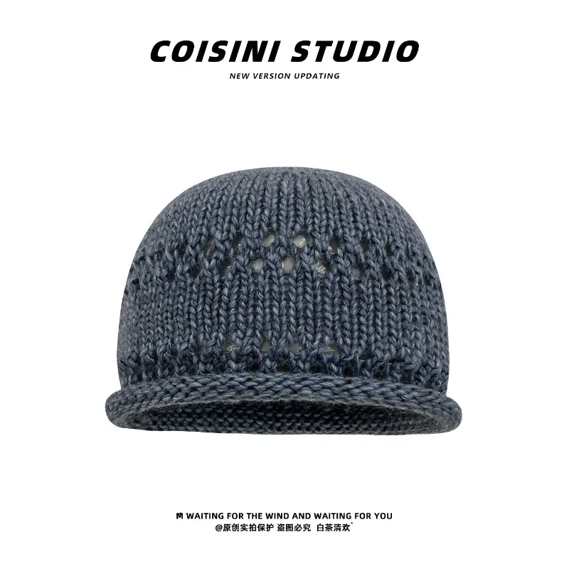Korean Solid Color Curled Hollow Pullover Knitted Hat for Women Autumn and Winter Fashion Versatile Dome Skull Beanie Caps