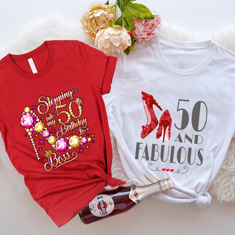 Fashion 50th Fabulous Birthday Party T Shirt for Women High Heels Graphic Y2k Tops Short Sleeve Tee Aesthetic Female Clothing